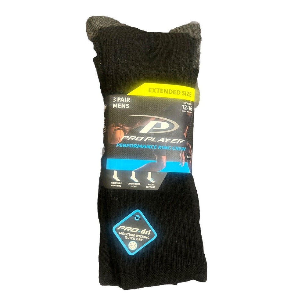 Pro Player Performance King Crew Socks Extended Size 3-Pair SZ 12-16 Cushioned